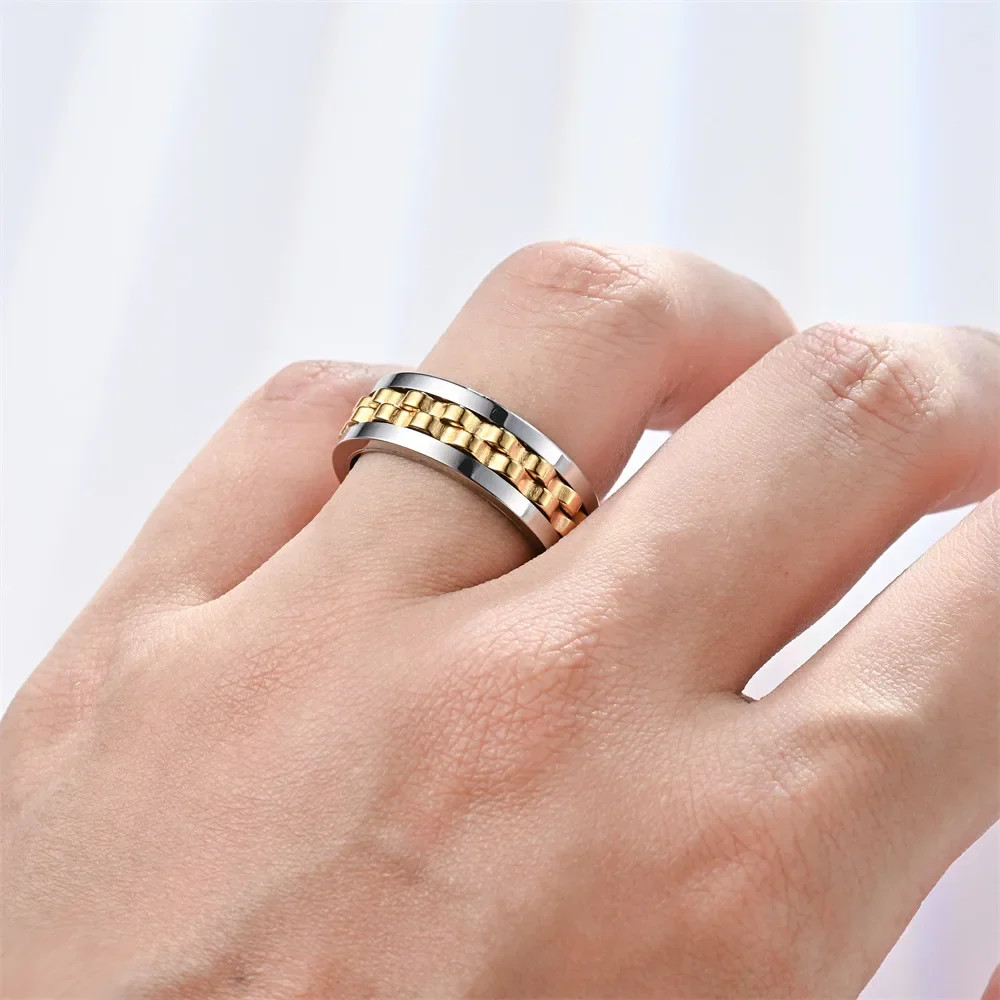 Anti Stress Stainless Steel Ring For Men Gear Chain Rotating Spinning Fidget Rin