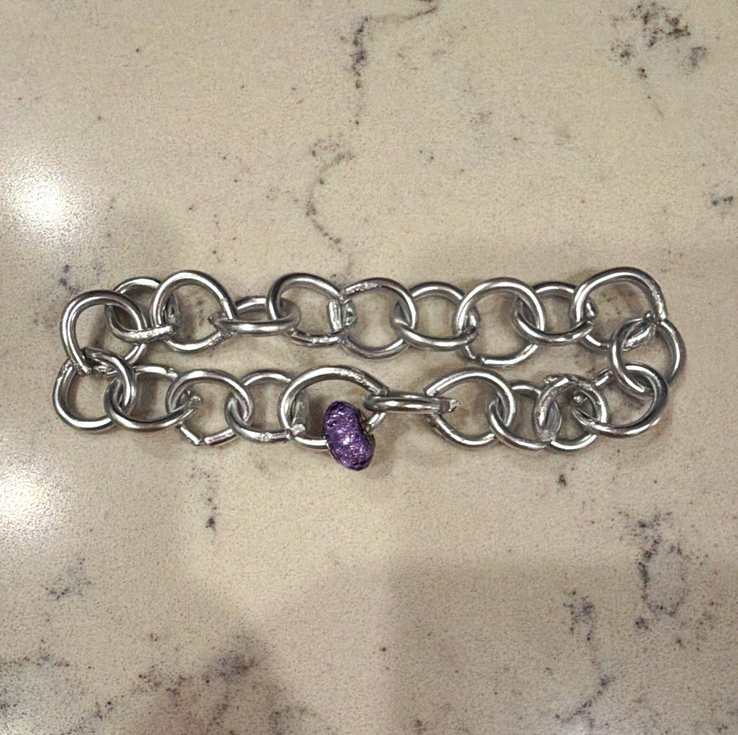 Silver Tone Oval Link Chain Bracelet w/ Purple Round Crystal Bead