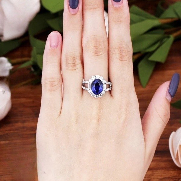 3.60 Ct Oval Natural Sapphire & Diamond Wedding Ring 14K White Gold Size 7