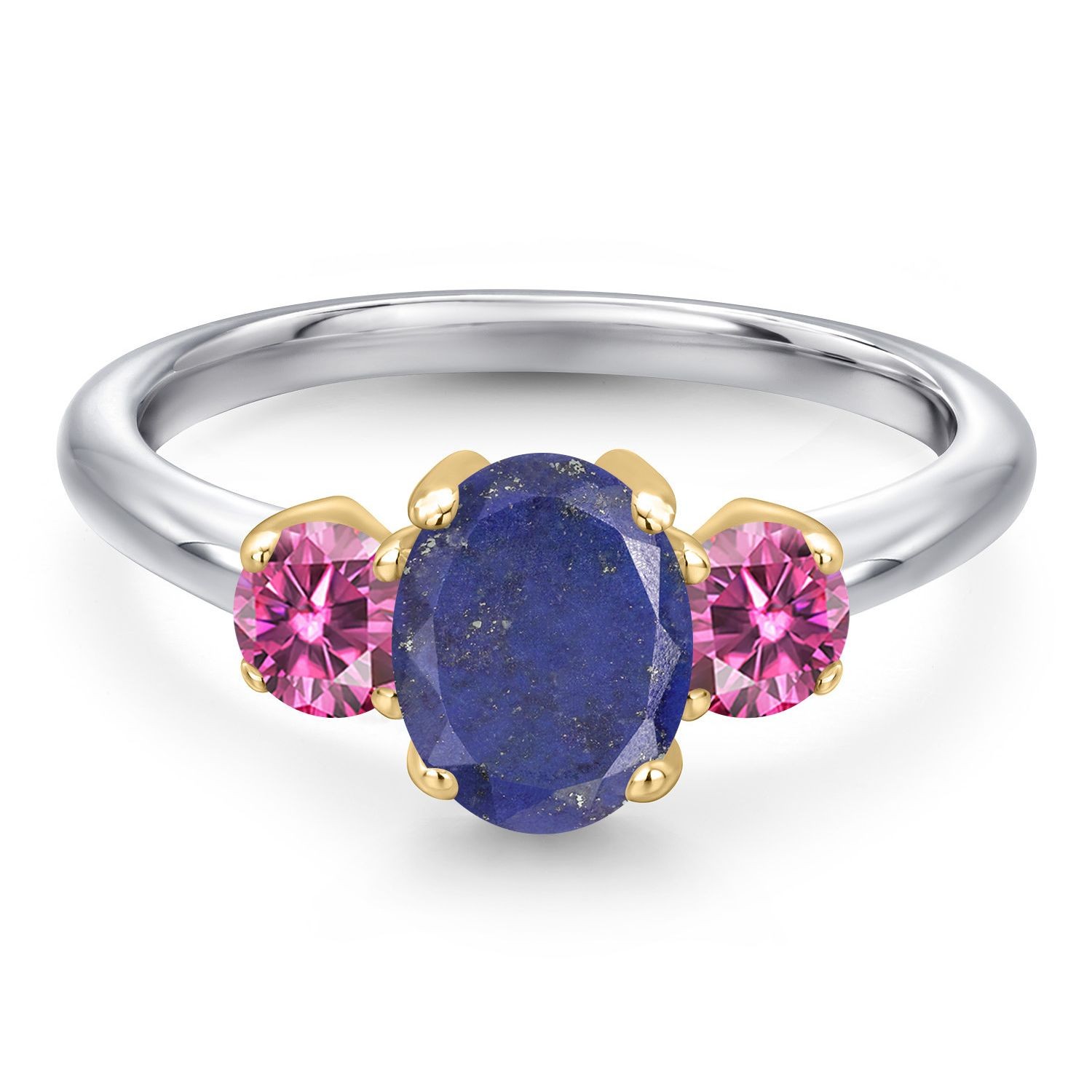 925 Silver and 10K Yellow Gold Blue Lapis and Pink Moissanite Engagement Ring