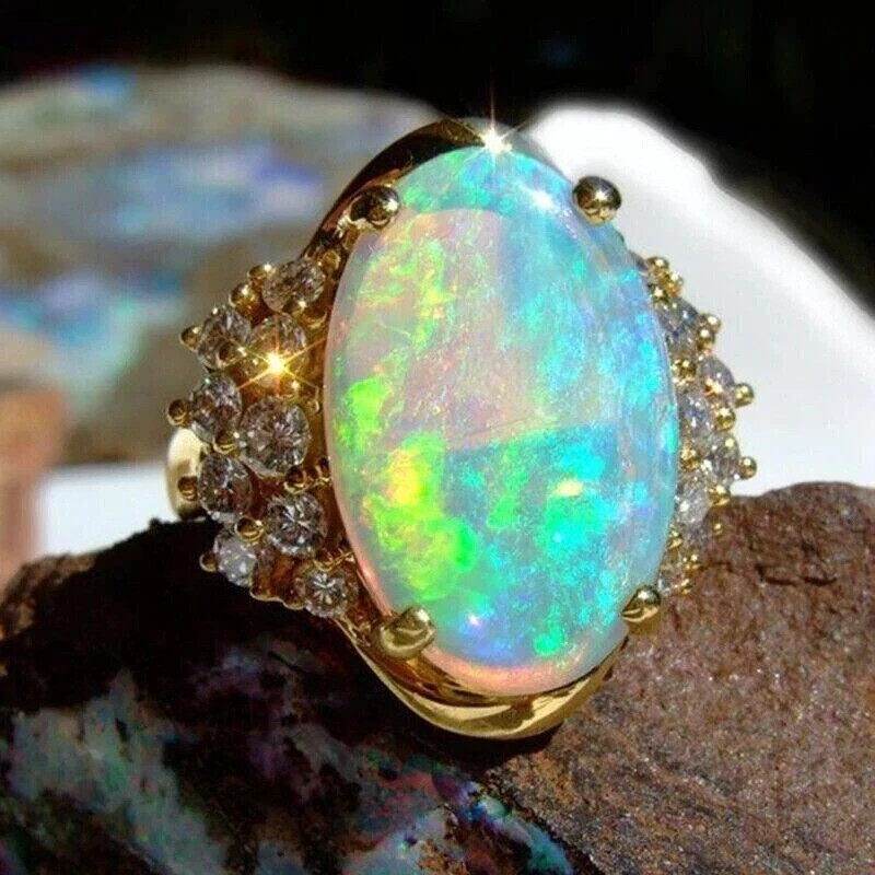 3Ct Oval Cut Fire Opal Lab Created Fancy Engagement Ring 14K Yellow Gold Plated