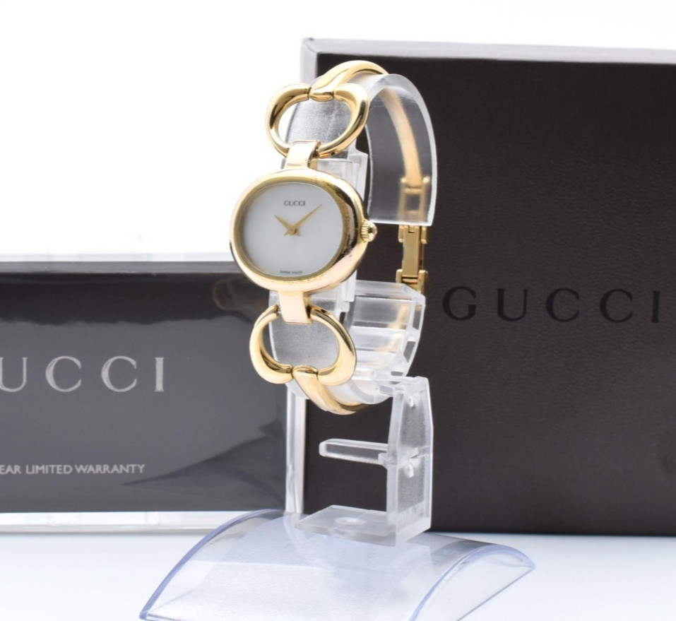 Gucci 1600 White Dial Gold Horsebit Bangle Ladies Watch w/Box Works #7