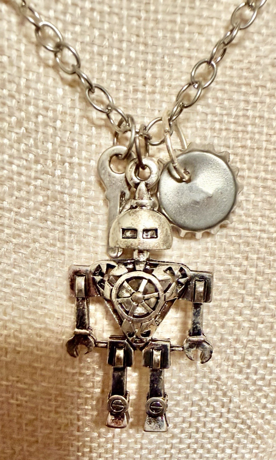 Vintage Articulated Robot Charm Necklace Silvertone Key & Bottle cap