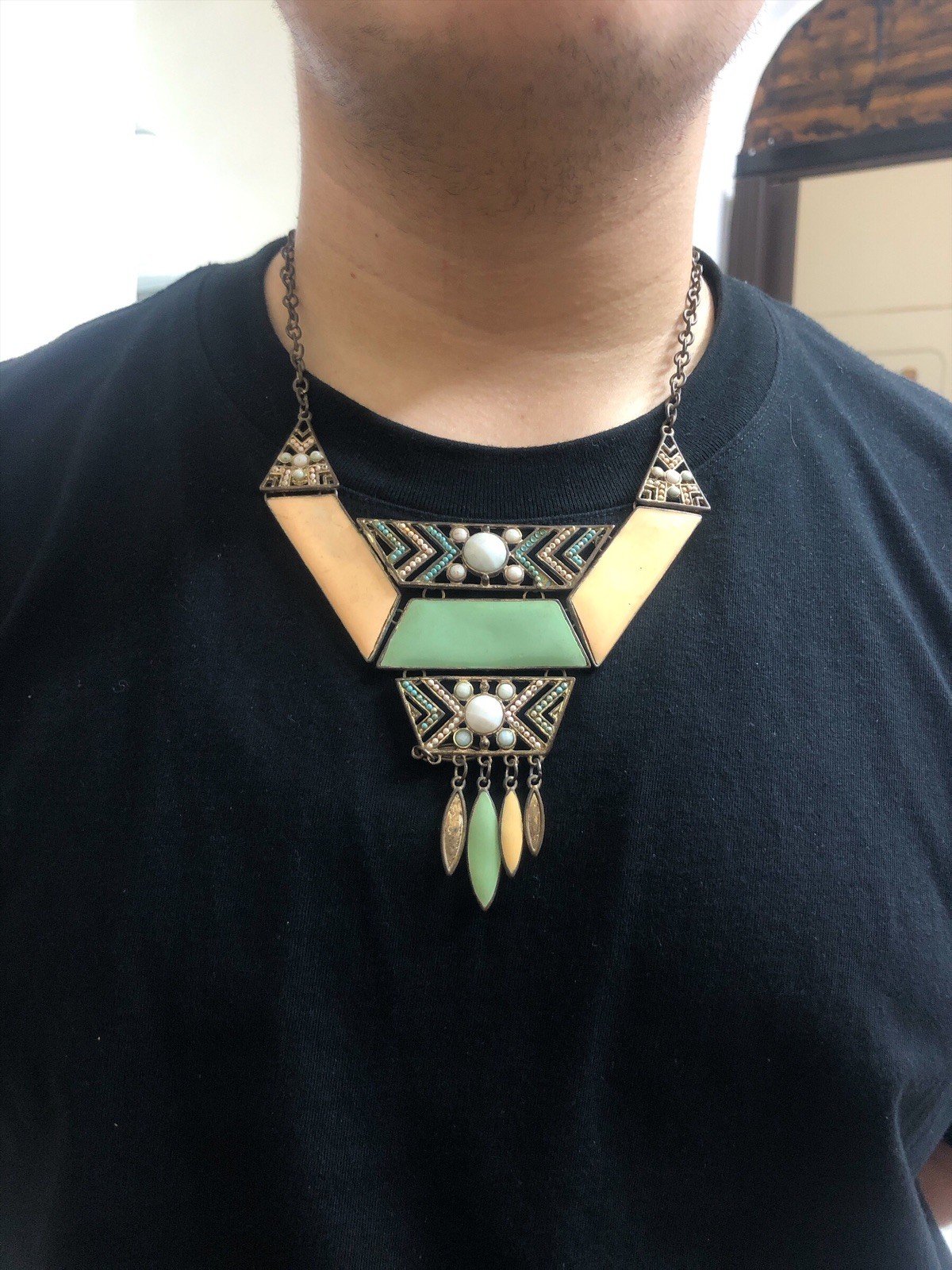 Vintage Antique Copper Statement Necklace Tribal Boho Multicolor Pendant