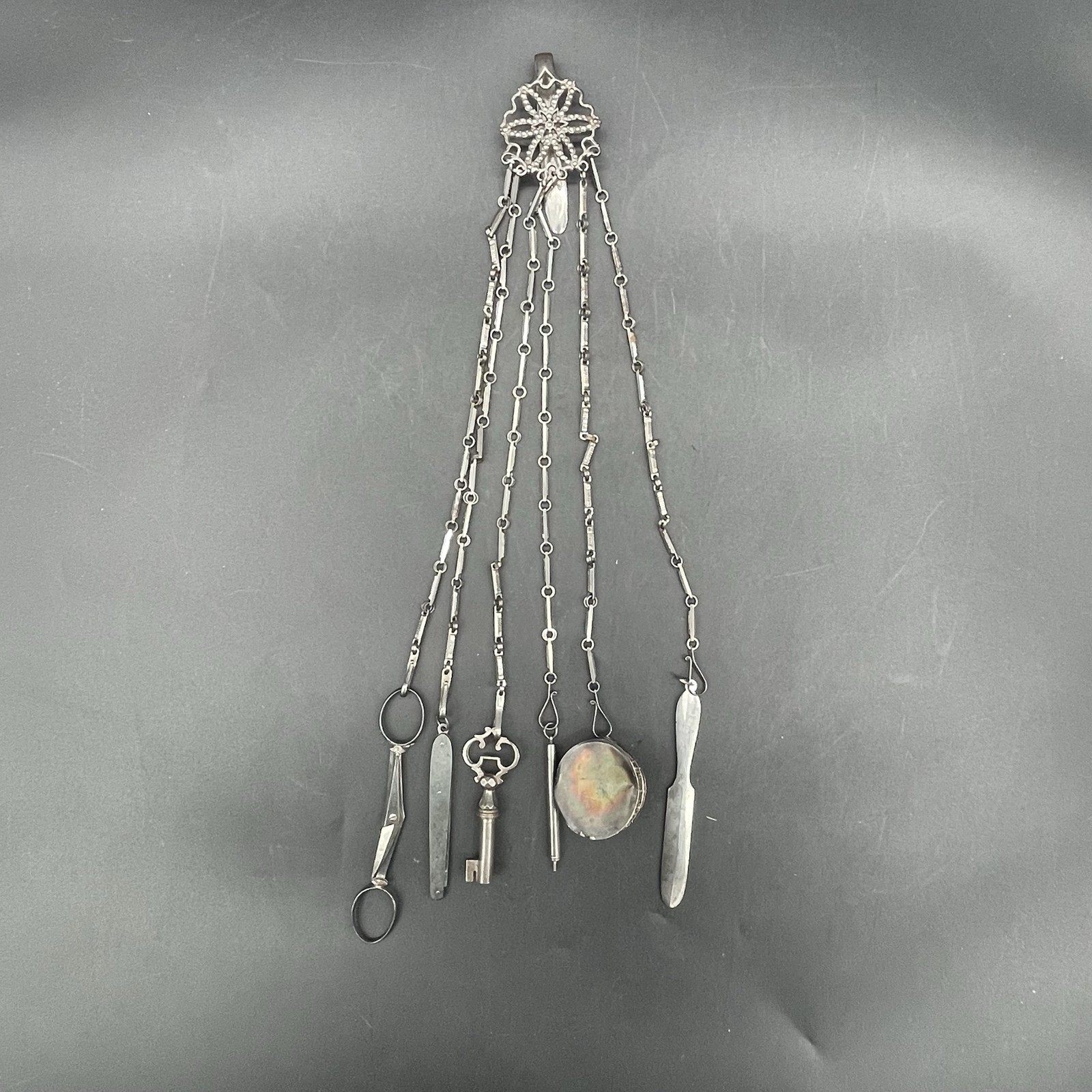 Chatelaine Antique Silver Metal 15” Scissors Key Locket Blades W. Lund