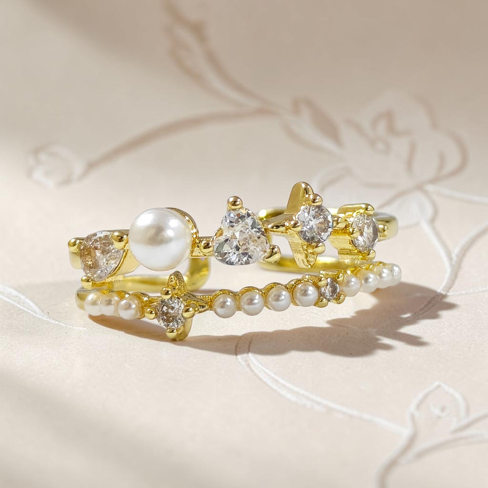 18K Gold Plated Stainless Steel Pearl Ring Heart CZ Open Adjustable Double Band