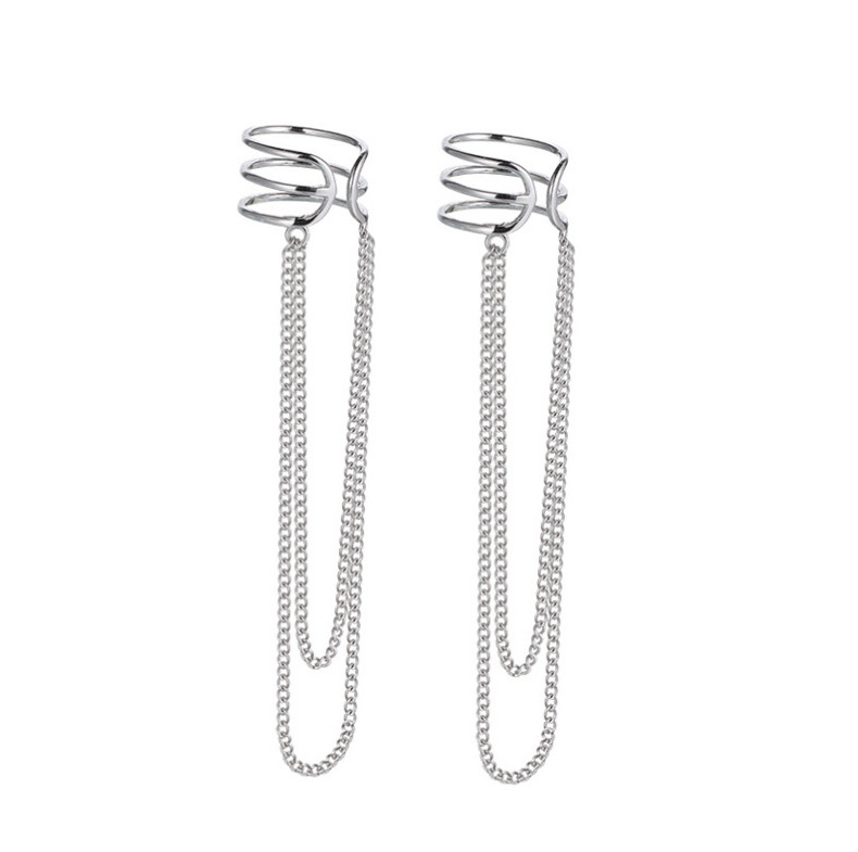 A Pair Women Silver Tone Tassel Chain Dangle Drop Cuff Non Piercing Earrings K65