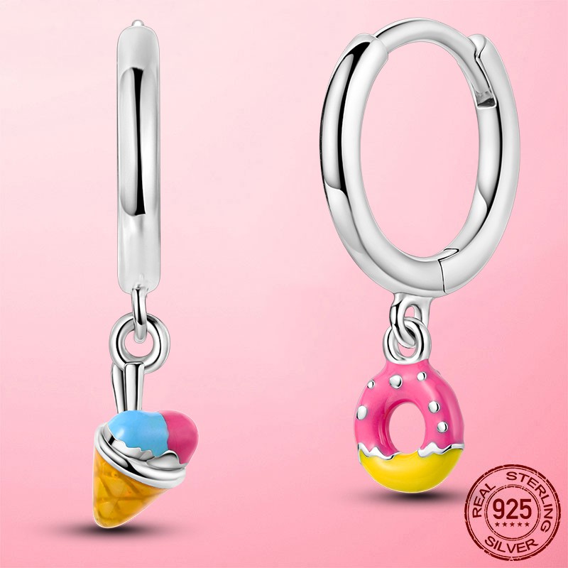 LAZA Original Women 925 Silver Hoop Earrings Enamel Cute Dessert Jewelry