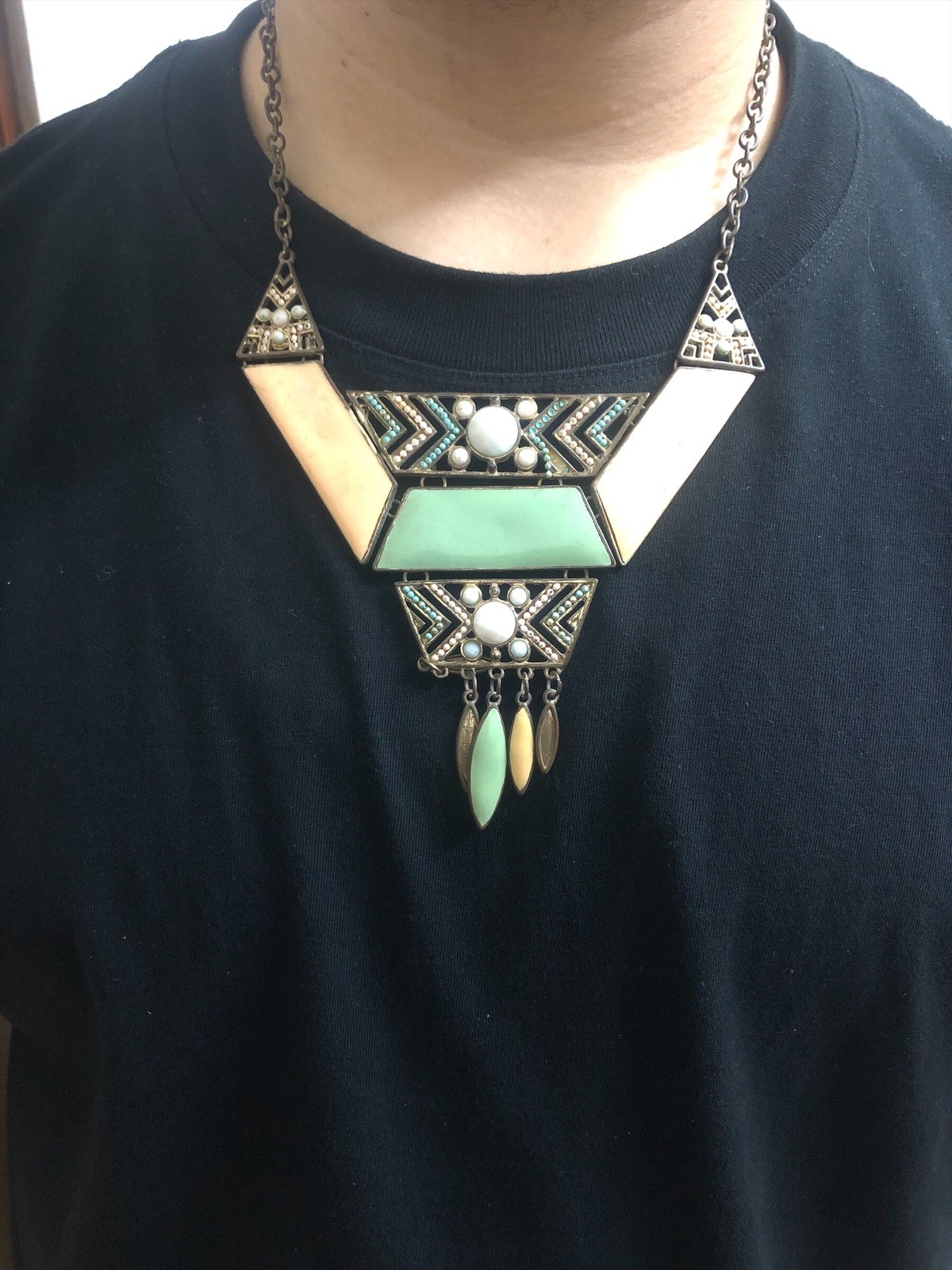 Vintage Antique Copper Statement Necklace Tribal Boho Multicolor Pendant