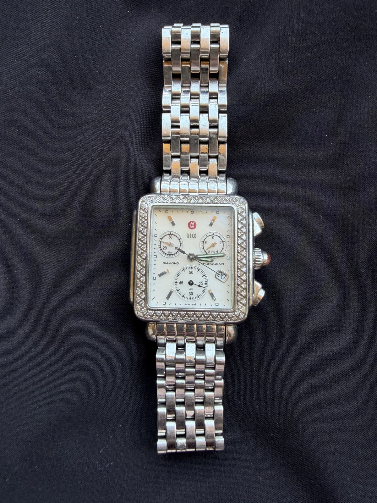 MICHELE Deco 33mm Diamond Bezel Chronograph Quartz Date Silver Bracelet