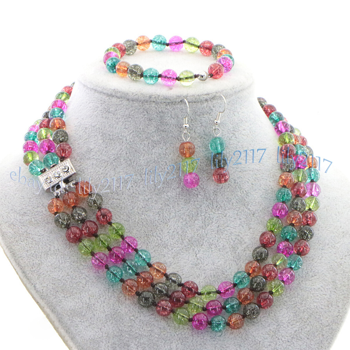 3 Rows Natural Multicolor Jade Round Gems Necklace Bracelet Earrings Jewelry Set