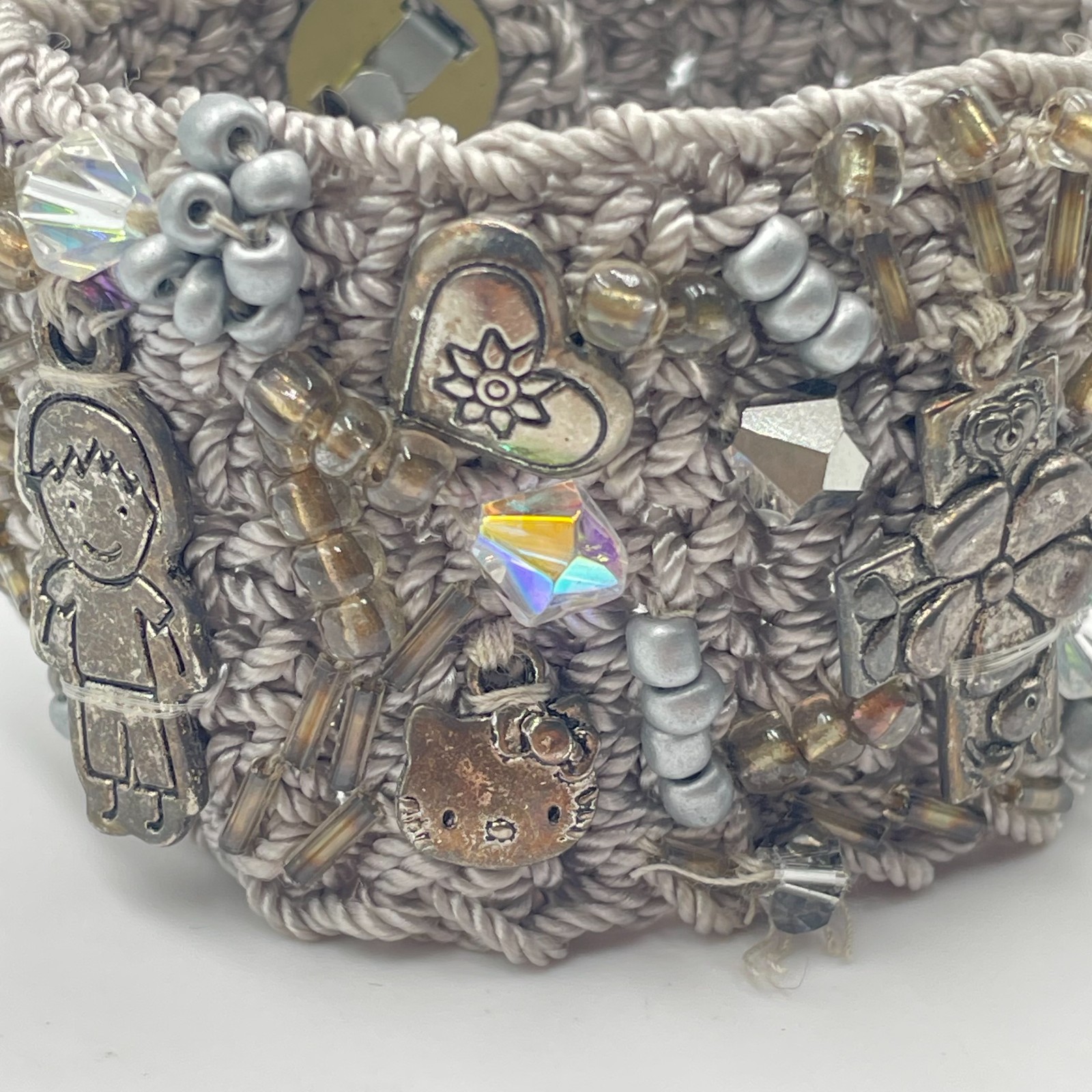 VTG Y2k Crochet Cuff Bracelet Grey Beaded Eclectic Charm Statement Wristband