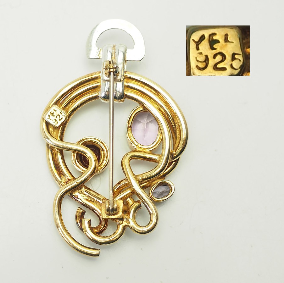Vintage ornate gilt sterling silver amethyst garnet pin pendant by YES Studio