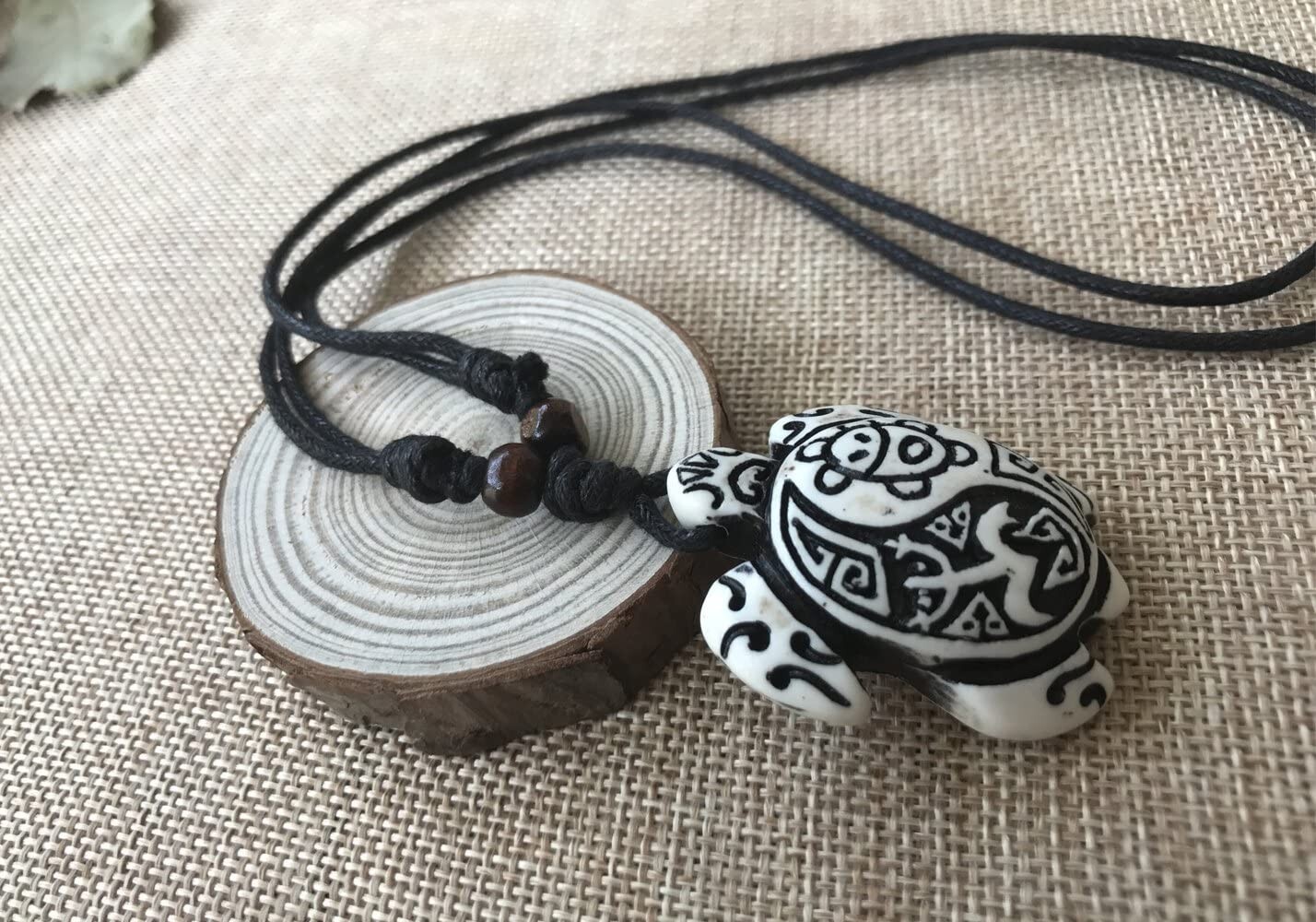 Lot of 2, White & Brown Wood Turtle Pendant Rope Necklace, Sun, Cotton Cord