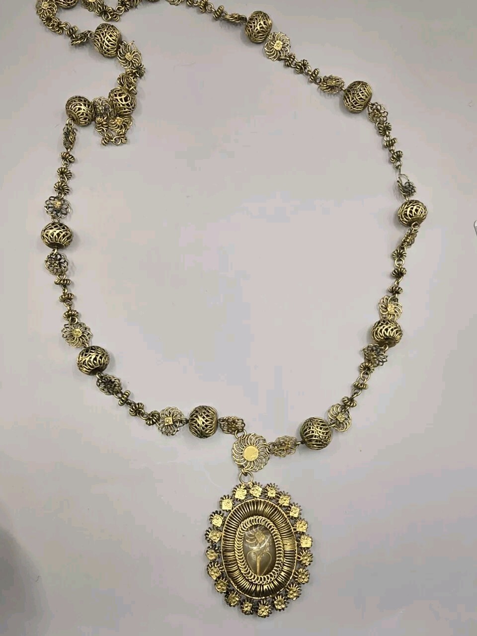 Philippines Tambourine Reliquary Gilt Copper Filigree Pendant Necklace Tamborin
