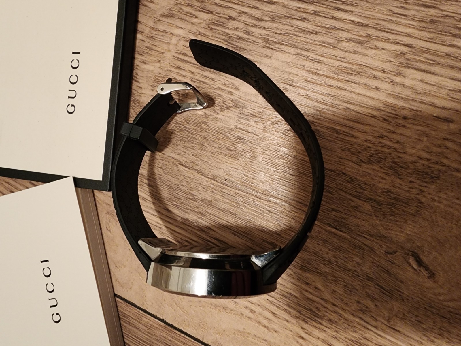 Gucci Pantcaon 1142 Men’s Quartz Watch – Black GG Monogram Dial – Rubber Strap