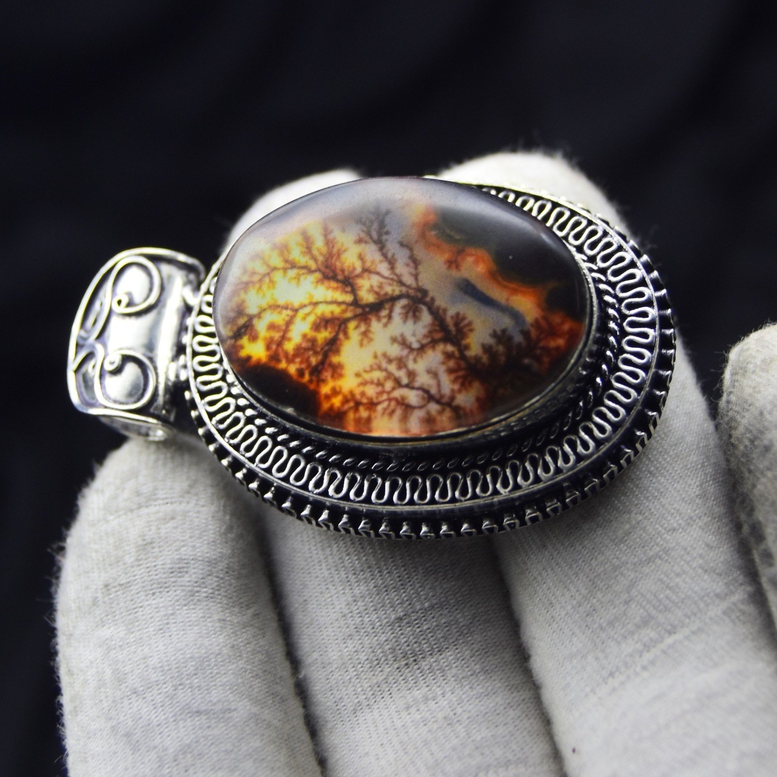 925 Sterling Silver Dendrite Fire Tree Gemstone Pendant Handmade Unique Jewelry