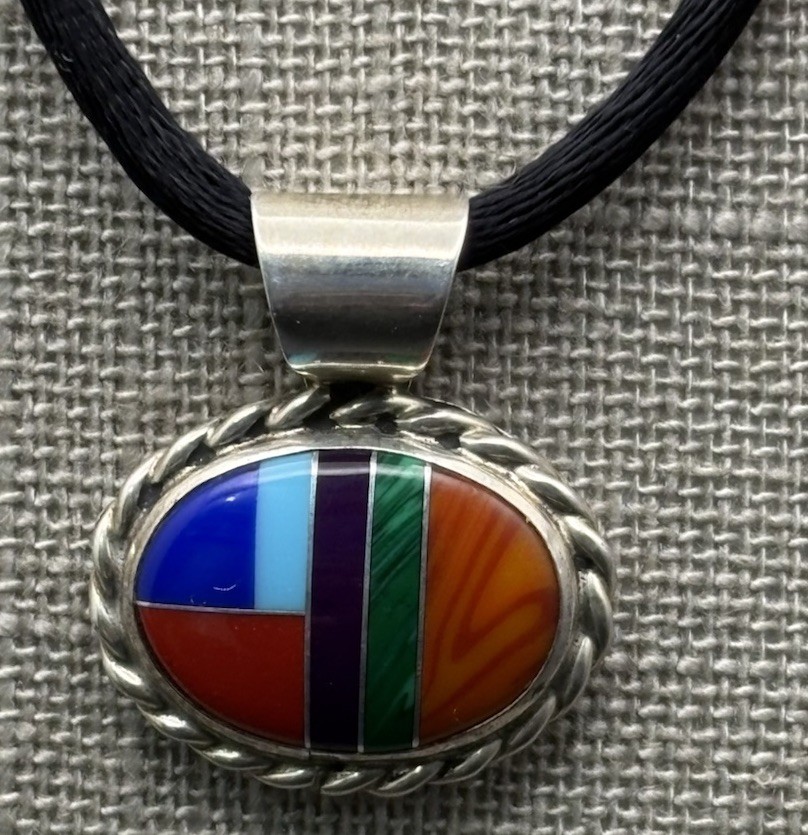 Vintage Sterling Silver AM Santa FE Pendant Necklace Southwestern Multi Stone 7g