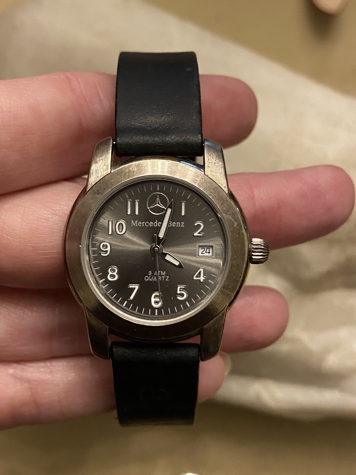 Women’s Classic Silver/Gray/Black Mercedes Benz-Water Resist-Quartz Watch.
