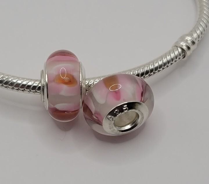 🔅 L’AMOUR 925 Sterling Silver Pink Flower Murano Glass 1 Bead Charm