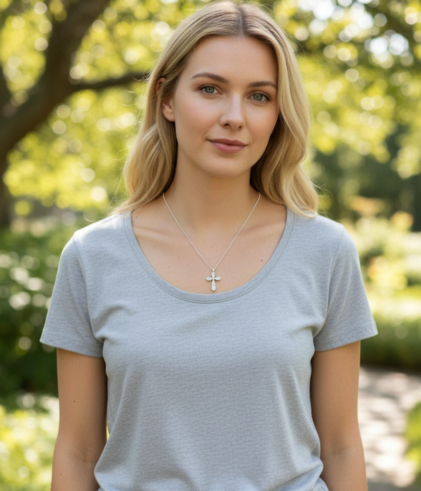 Silver Opal Cross Pendant – Adjustable Necklace – Christian Gift for Her