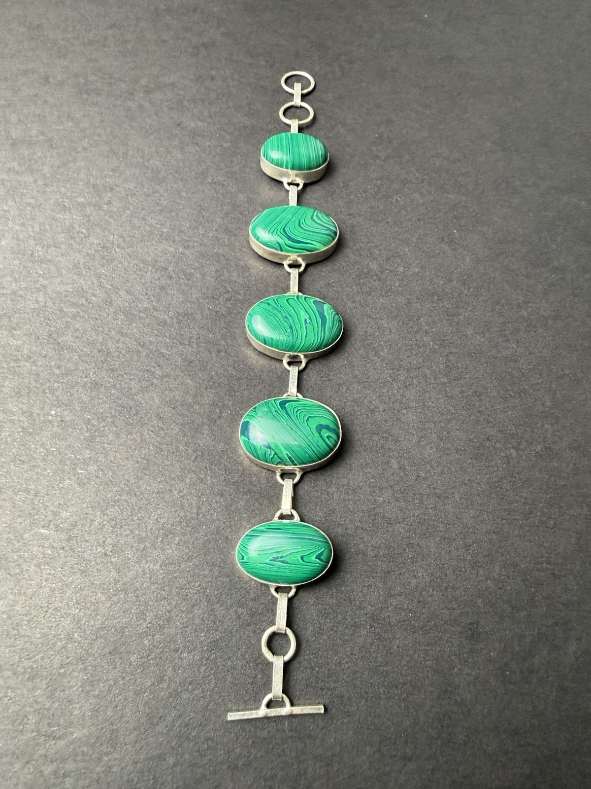 925 Sterling Silver Malachite Link Bracelet 35g Toggle Clasp Artisan Vintage