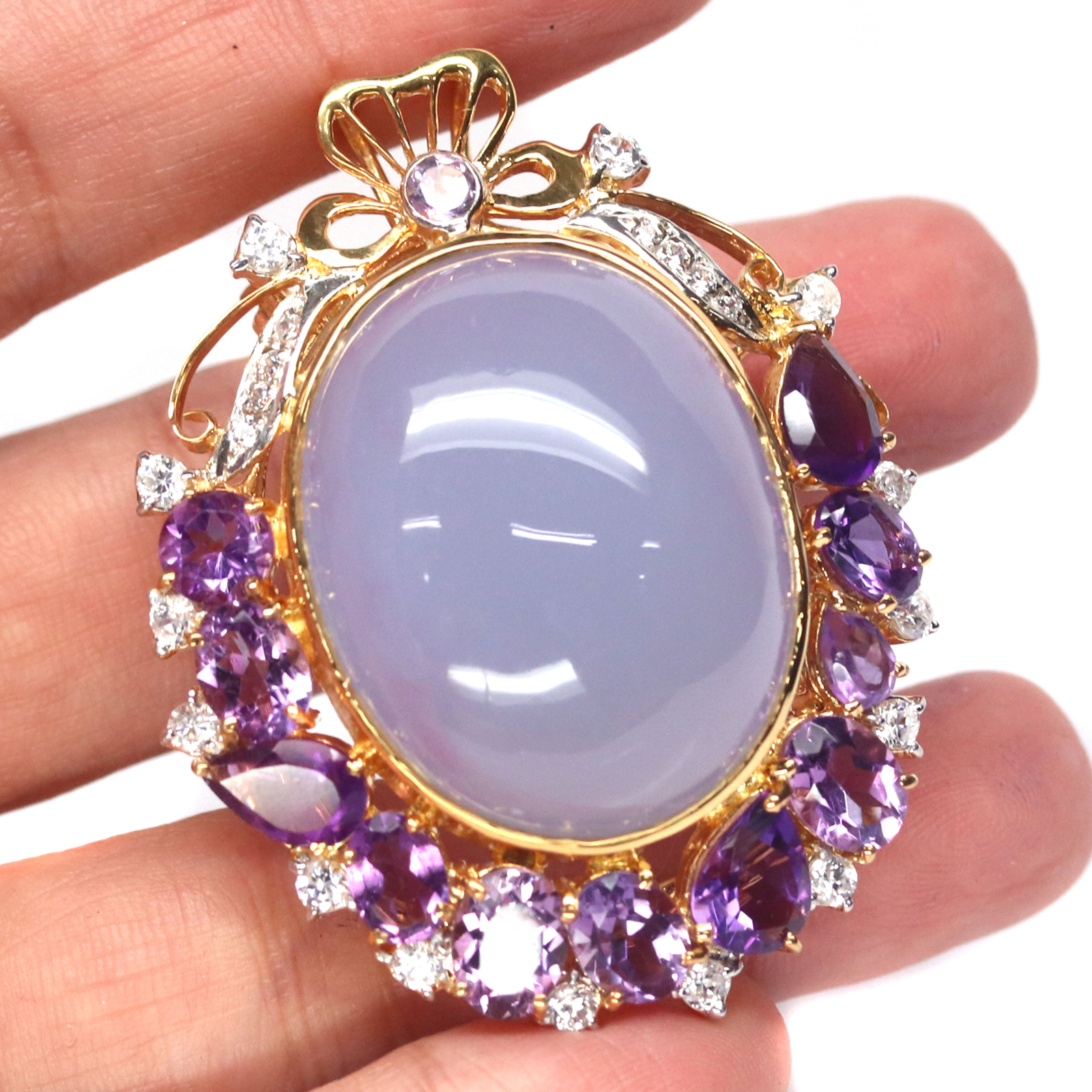 Lavender Chalcedony Amethyst Statement Brooch Pin Sterling Silver 925 Large