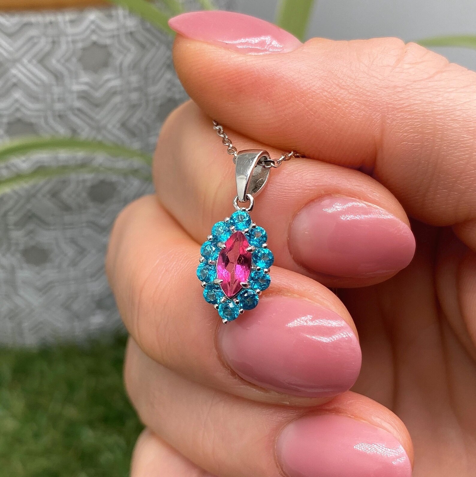 Natural Pink Sapphire & Blue Aquamarine Halo Pendant 925 Sterling Silver Chain