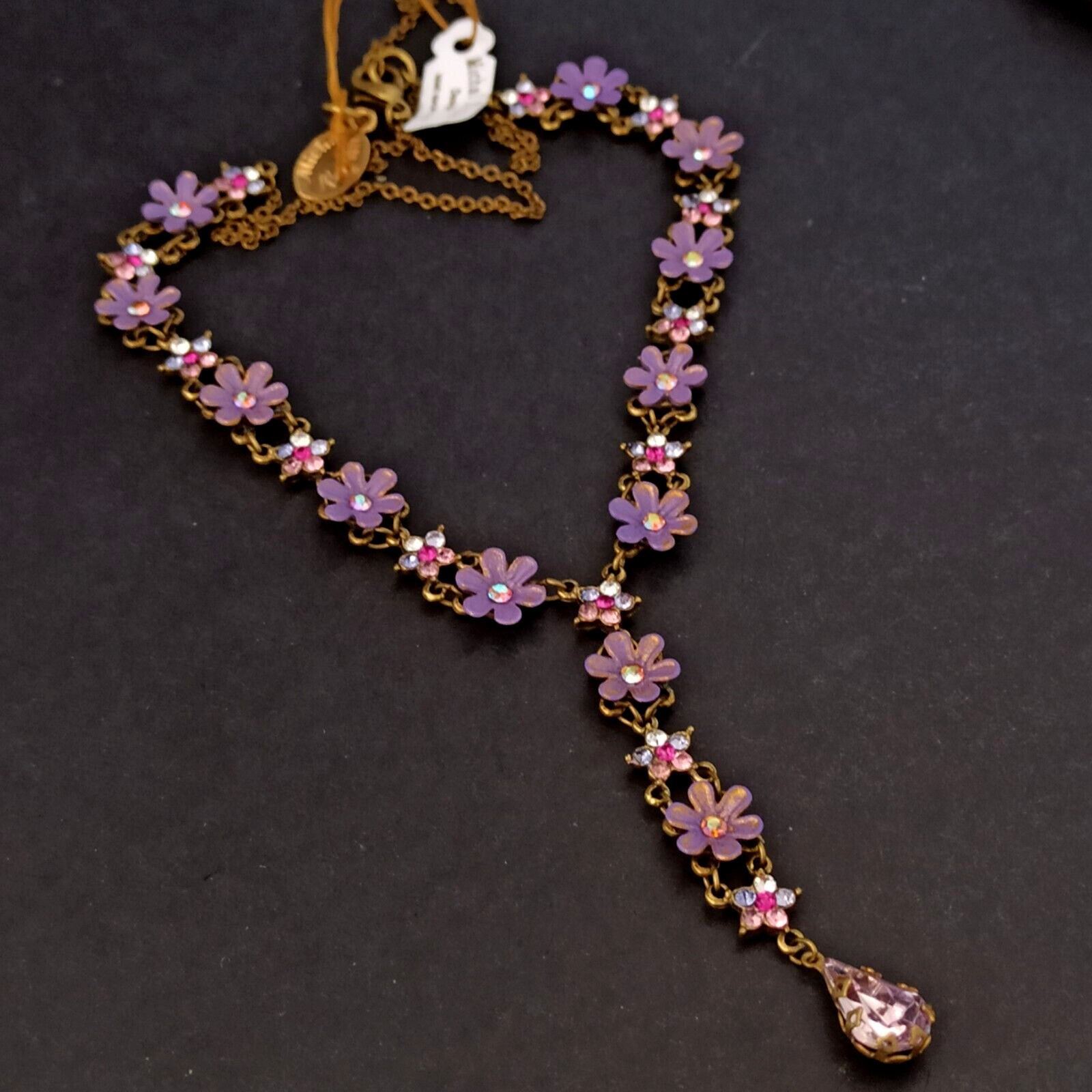 Michal Negrin Necklace Purple Flowers Pink Shades Crystals Cocktail Romantic Box