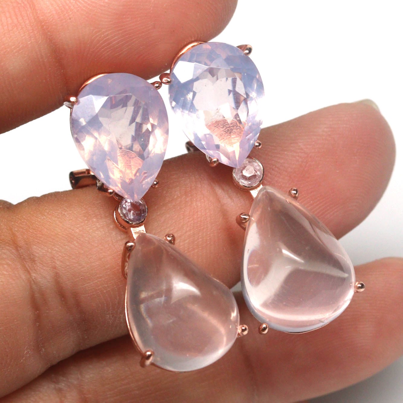 925 Sterling Silver 14 x 18 mm. Lavender – Pink Rose Quartz Earrings Rose Gold