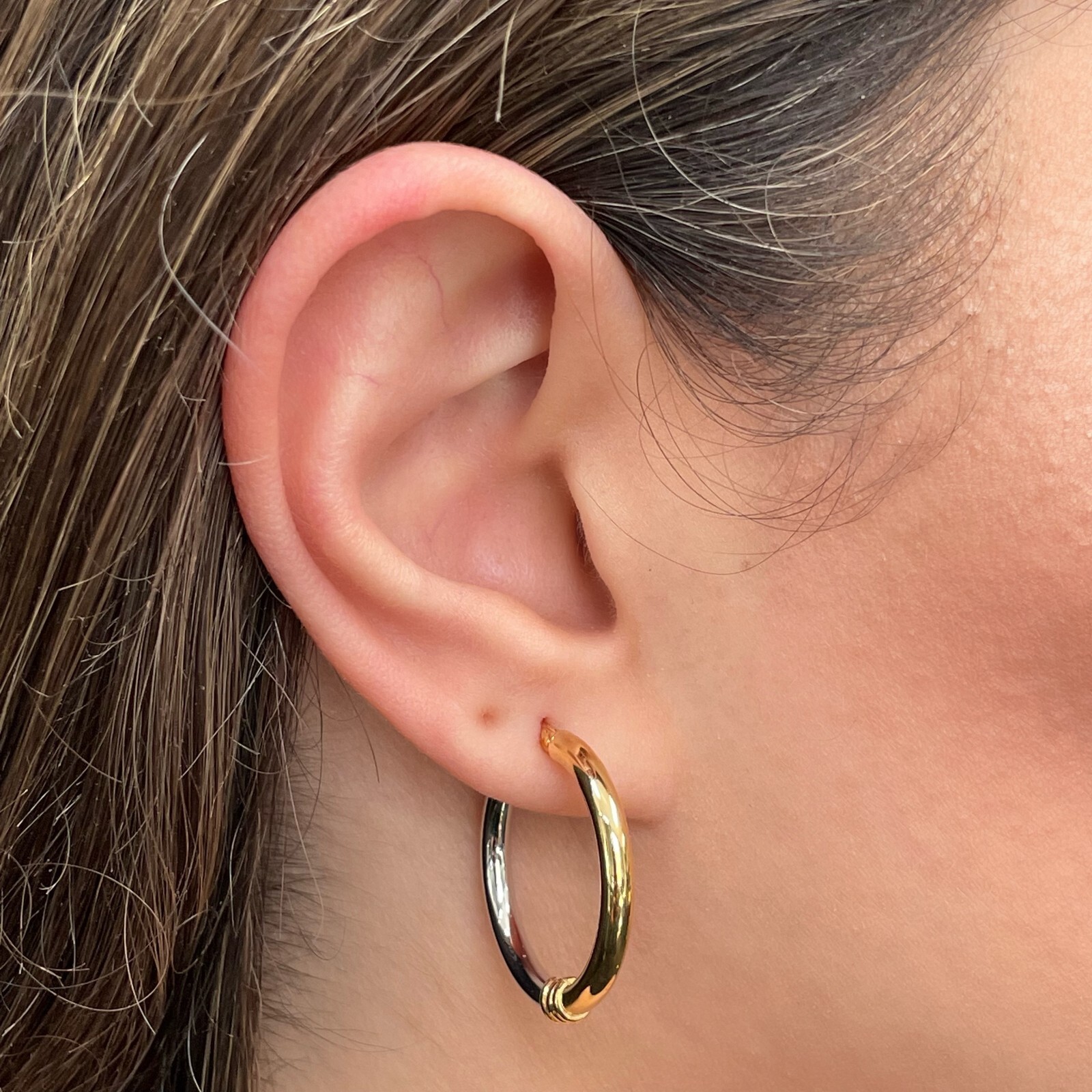 Italian 14k Yellow & White Gold Polished Medium Hollow Hoop Earrings 1.1″ 2.5g