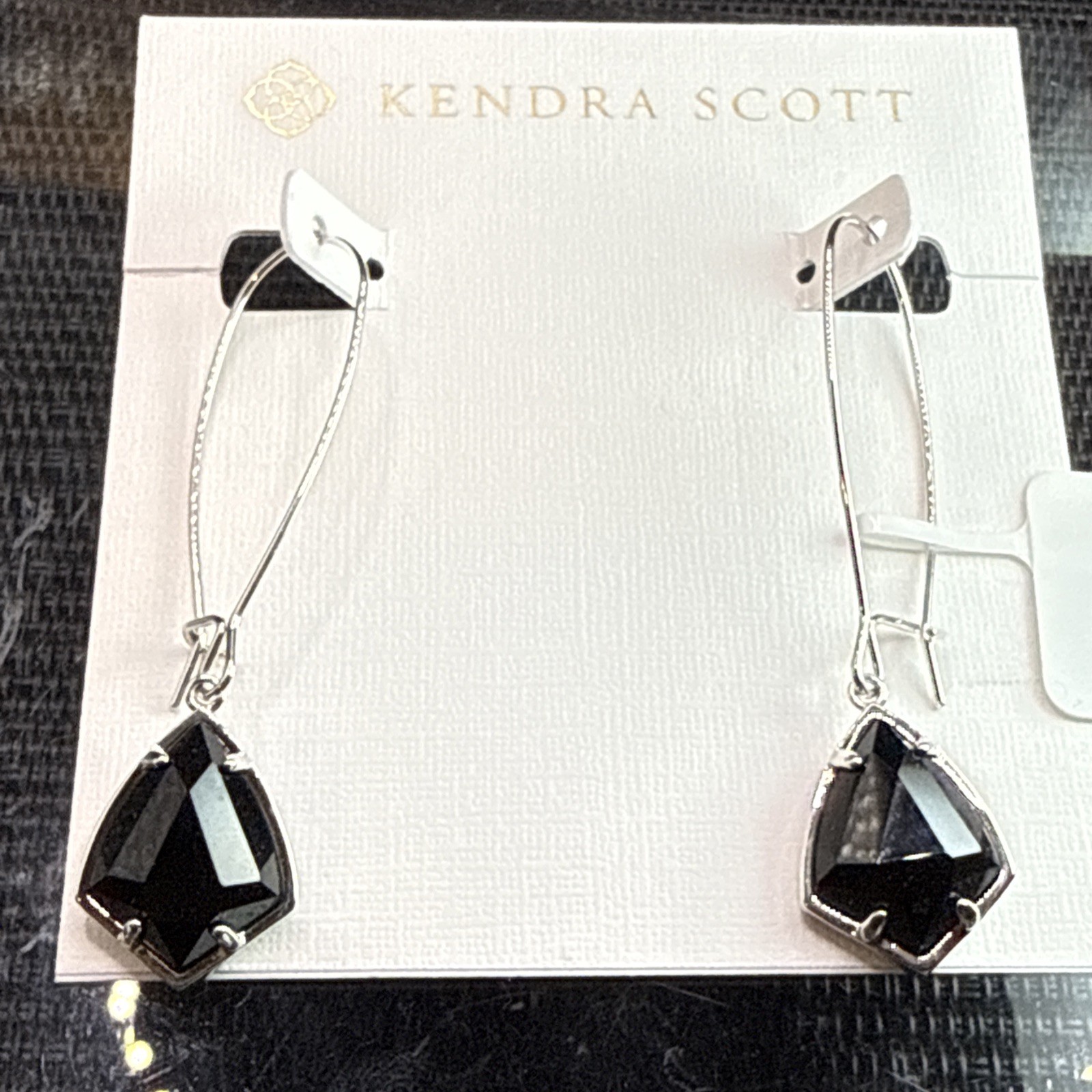 Kendra Scott Carinne Black Glass Rhodium Plated Dangle Drop Earrings Silver Tone