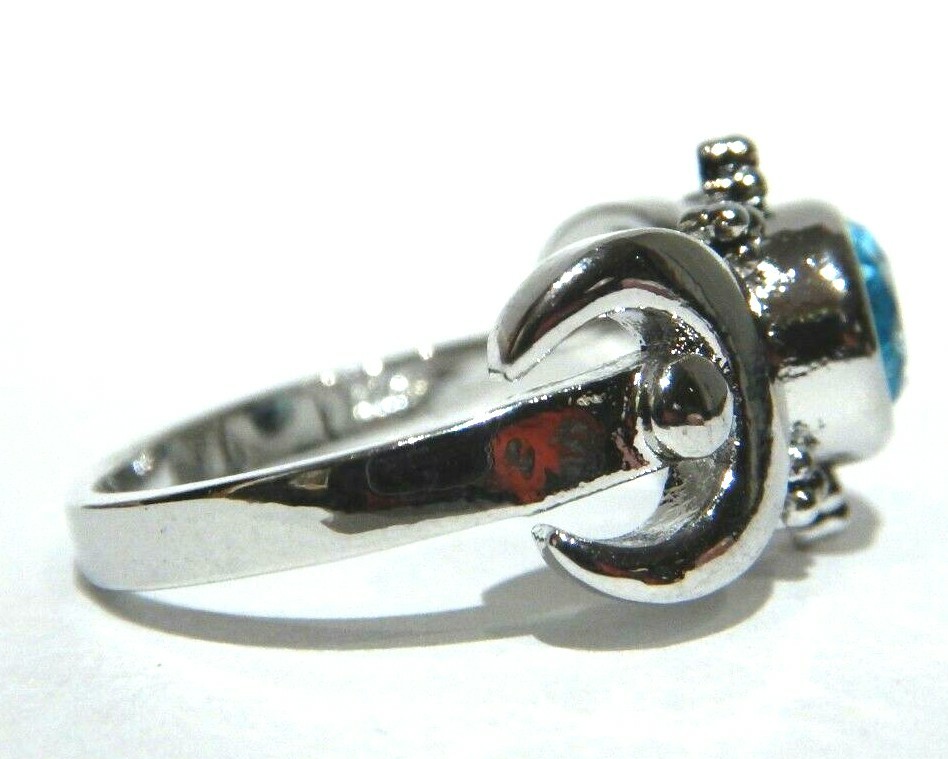 MOON PHASE RING silvertone blue crystal stone full & crescent Wiccan Pagan V3
