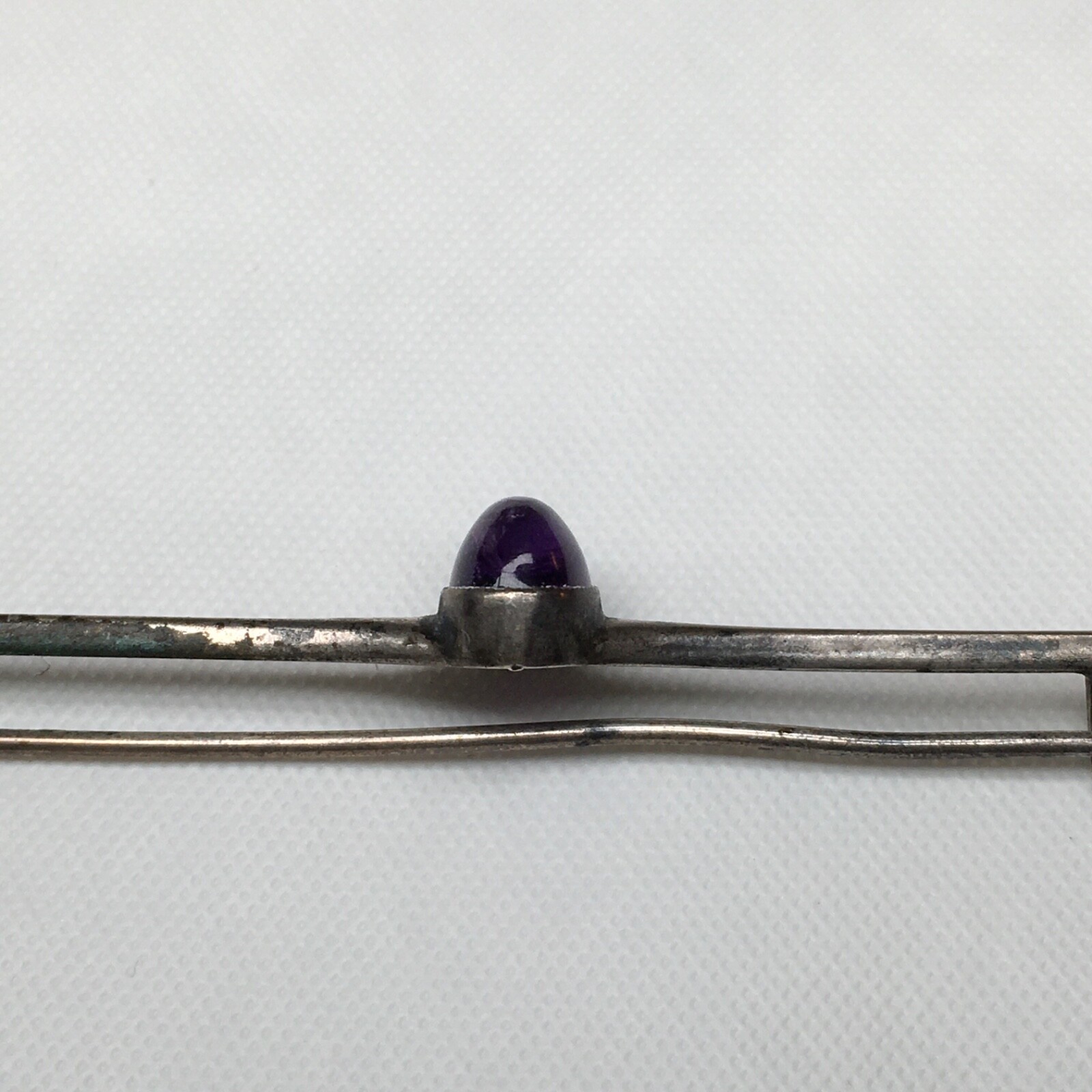 Vintage Brooch Glass OR Natural Purple Stone, 2-3/4″ Long, Unknown Metal.