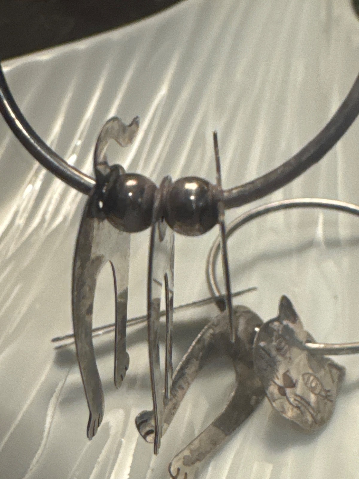 Vintage Sterling Silver Dangle Hoop Earrings Cat Animal 3D Kitty