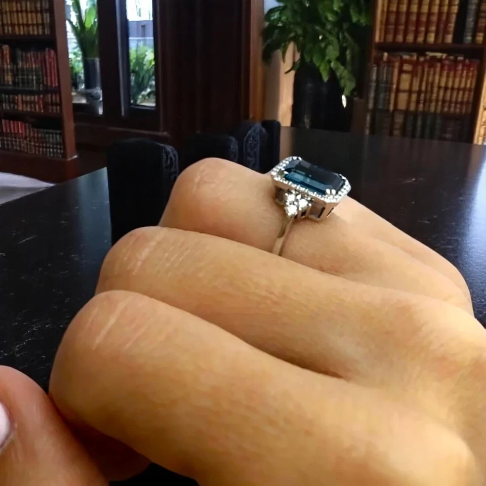 3.50Ct Emerald Cut Natural Blue Topaz Diamond Wedding Ring 950 Platinum 6 7 8 9