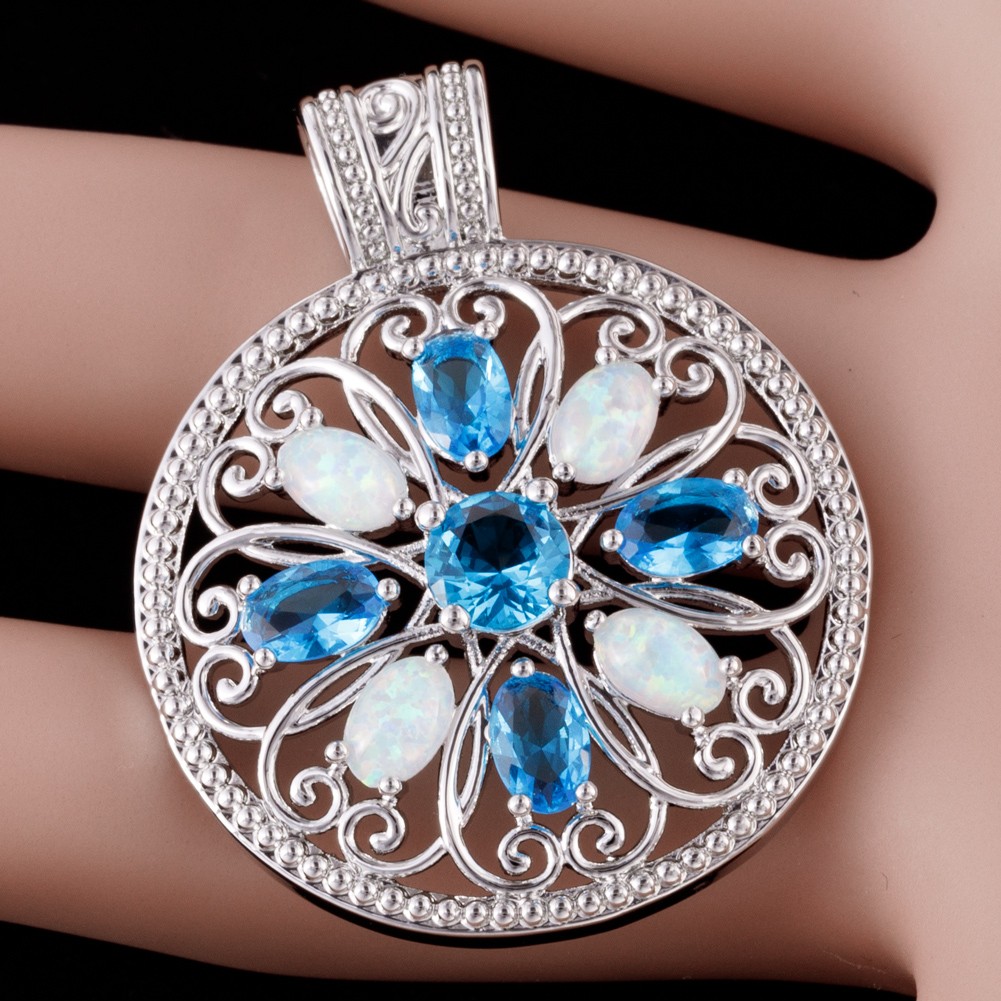 Round 4×6 Simulated Blue Topaz White Fire Opal Silver Jewelry Necklace Pendant