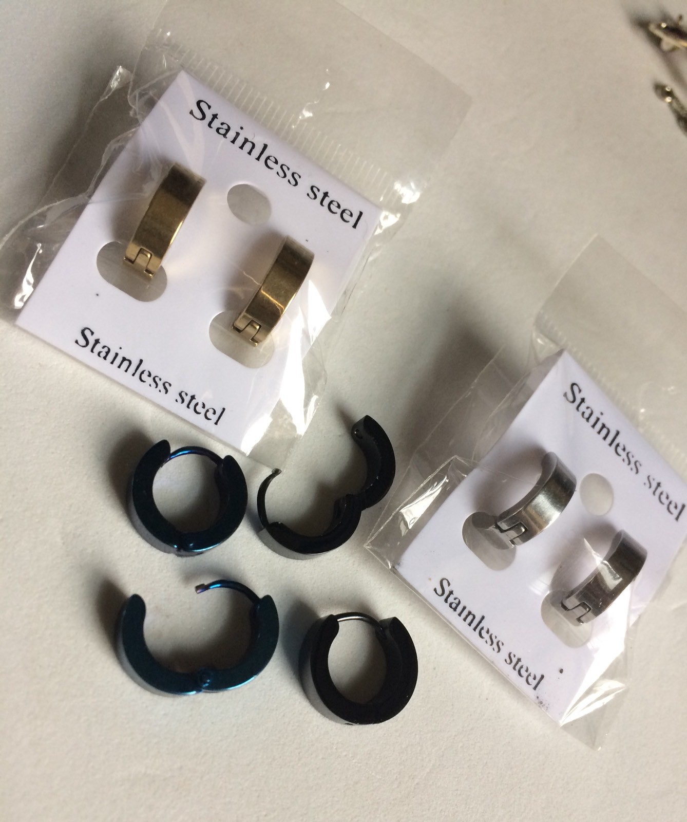 Ear Huggys Stainless Steel Hoop Earrings Black Or Blue Gold or Silver