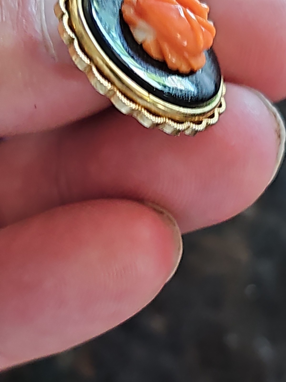 Antique Gold Filled Or Possibly Solid Gold Red Coral Onyx Pendant