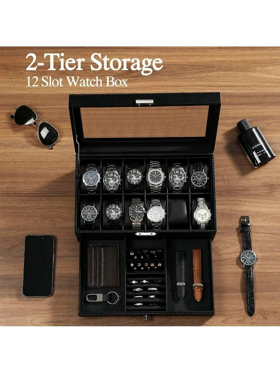 Watch Box 12 Slot Watch Display Organizer Leather Jewelry Case Drawer Glass