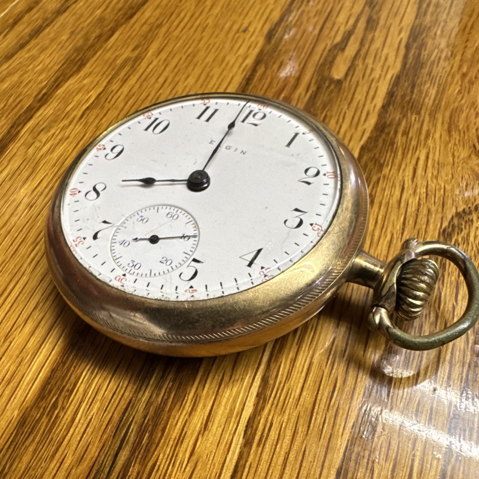 Elgin Gold Filled Yellow Gold Open Face Pocket Watch White Dial Arabic, Seconds