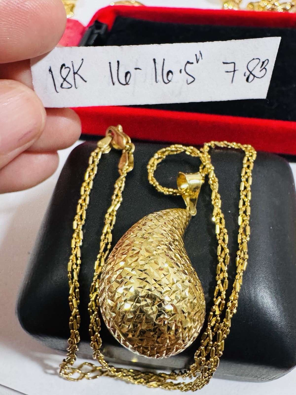 New 18K 750 Gold Women’s Teardrop Set Necklace 16”/16.5” long 7.83g 3mm Choker