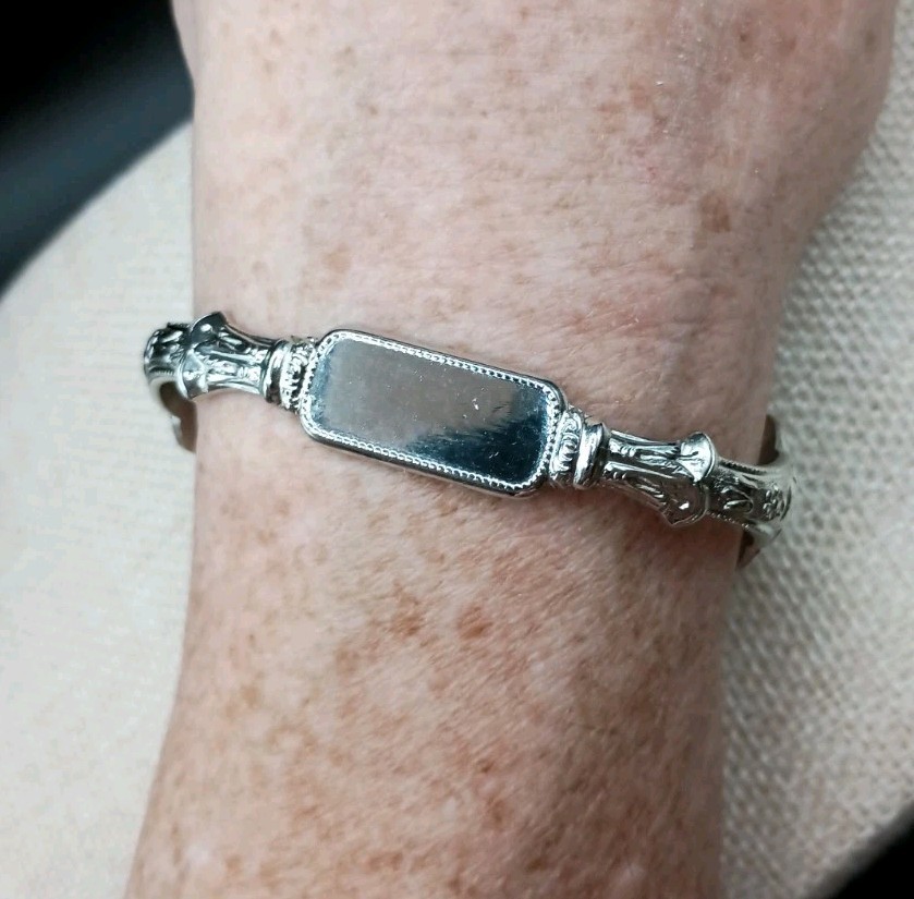 Vintage Spoon Cuff Bracelet ID Engravable Silver Tone Floral Size 5-7 Adjusts
