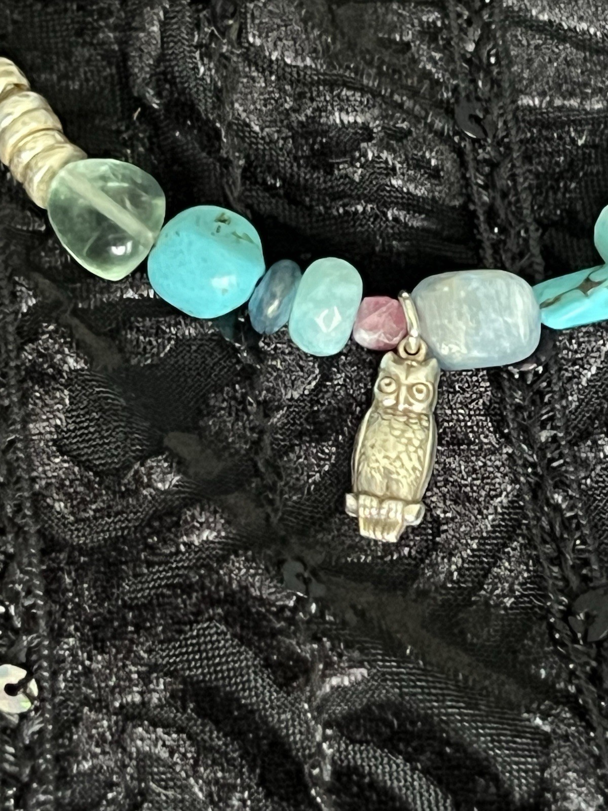HeyHey Be Wise Gemstone Necklace Sterling Owl Leather Kyanite Turquoise Lapis