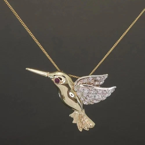 1Ct Round Cut Real Moissanite Hummingbird Pendant Necklace 14K YellowGold Plated