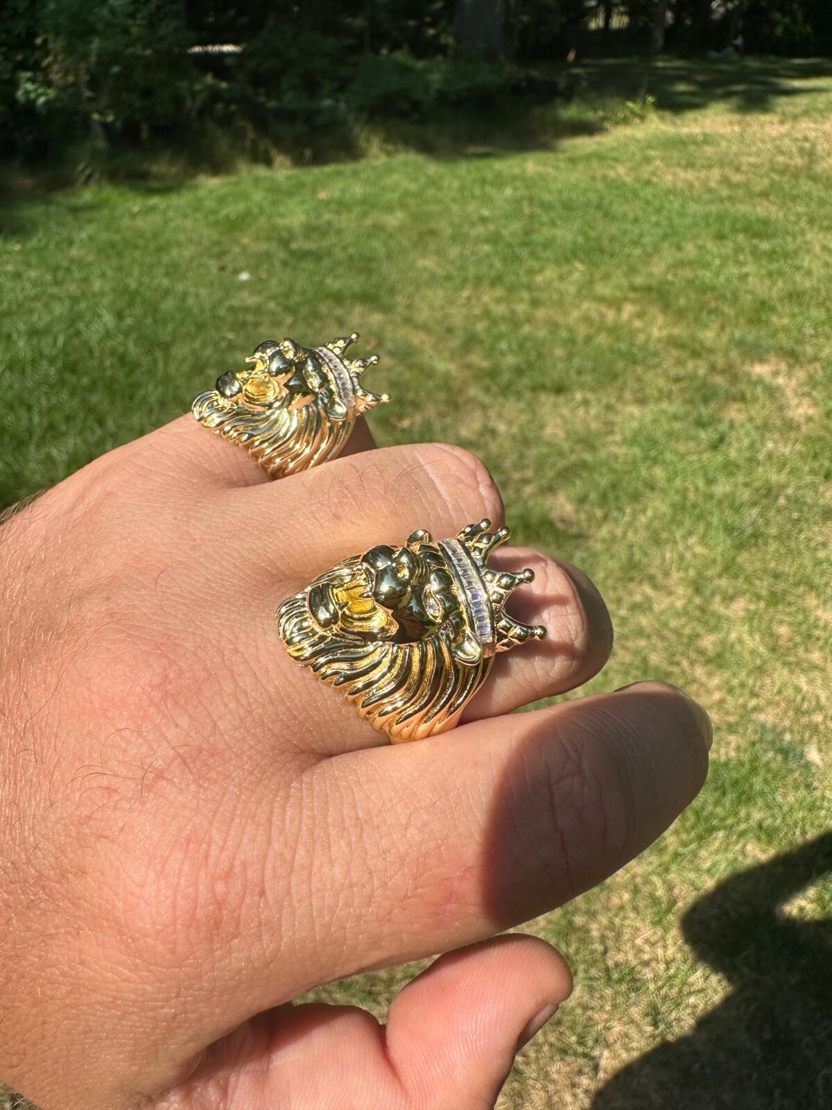 Lion W. Moissanite Baguette Crown 3D Mens Ring – 14k Gold Over Real 925 Silver