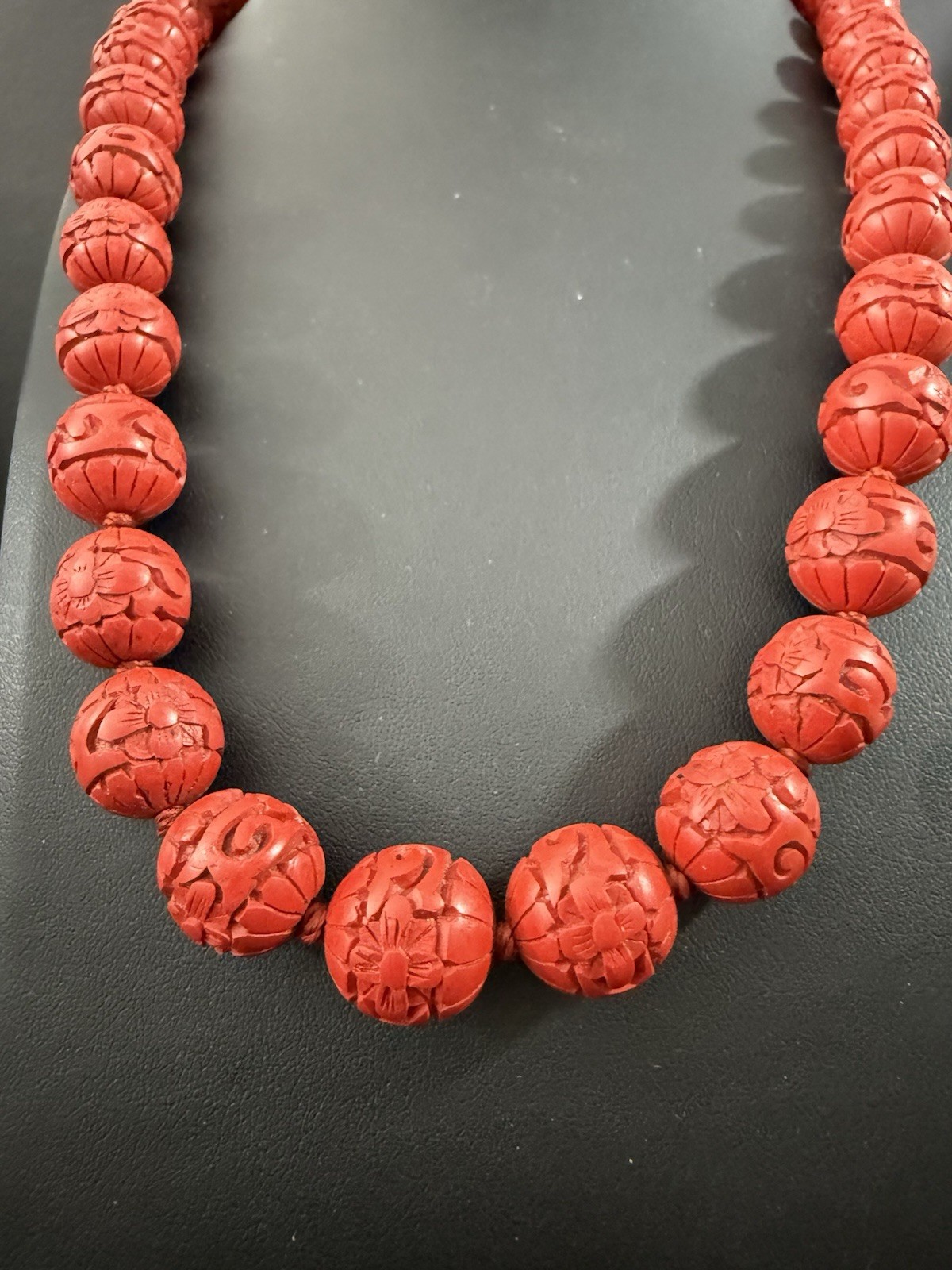 Vintage Chinese Export 24″ Necklace Hand Carved Red Cinnabar Lacquer Beads H12