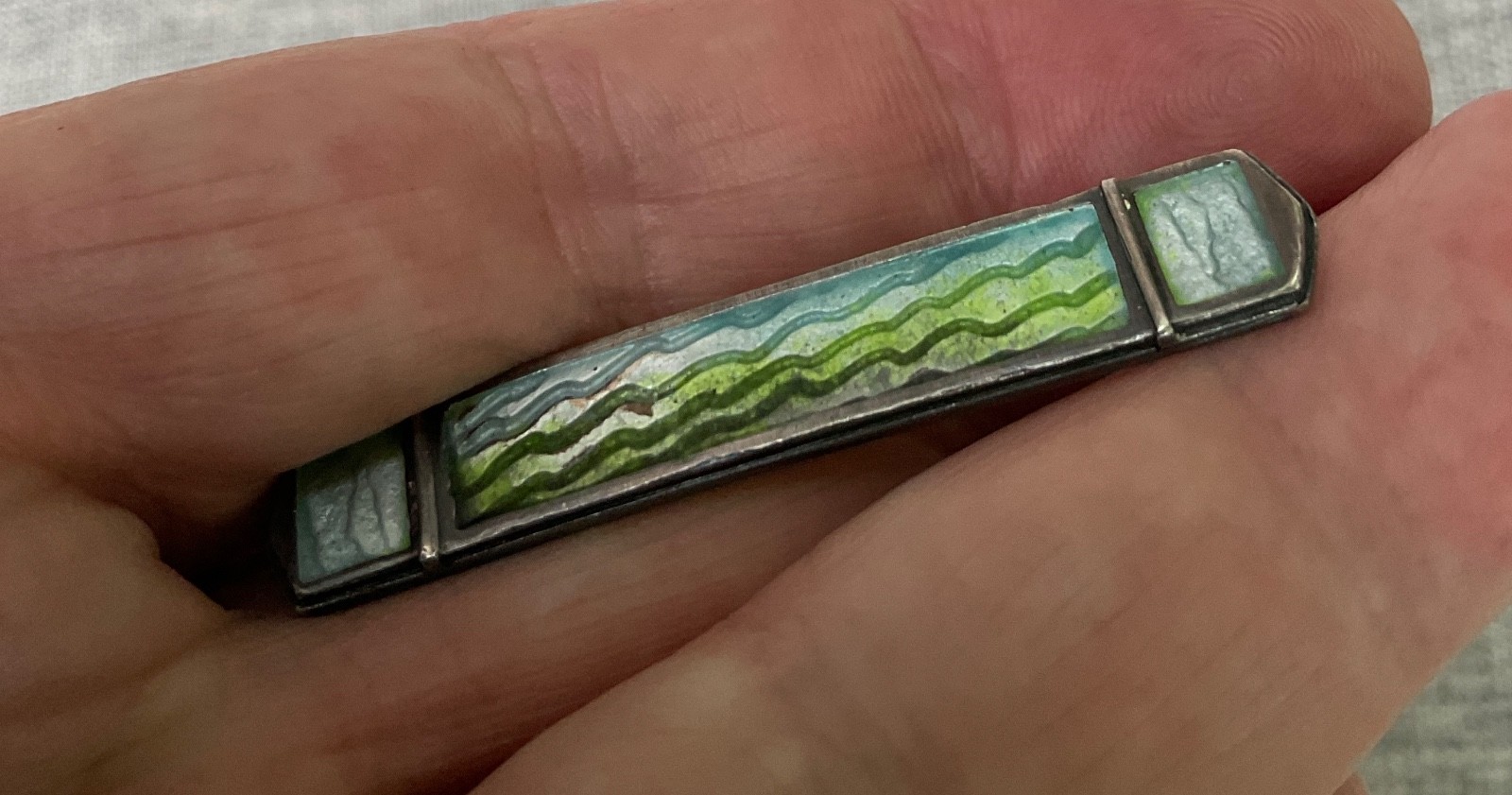 Carly Wright Sterling Silver Enamel Green Wave Landscape Bar Pin Brooch Signed