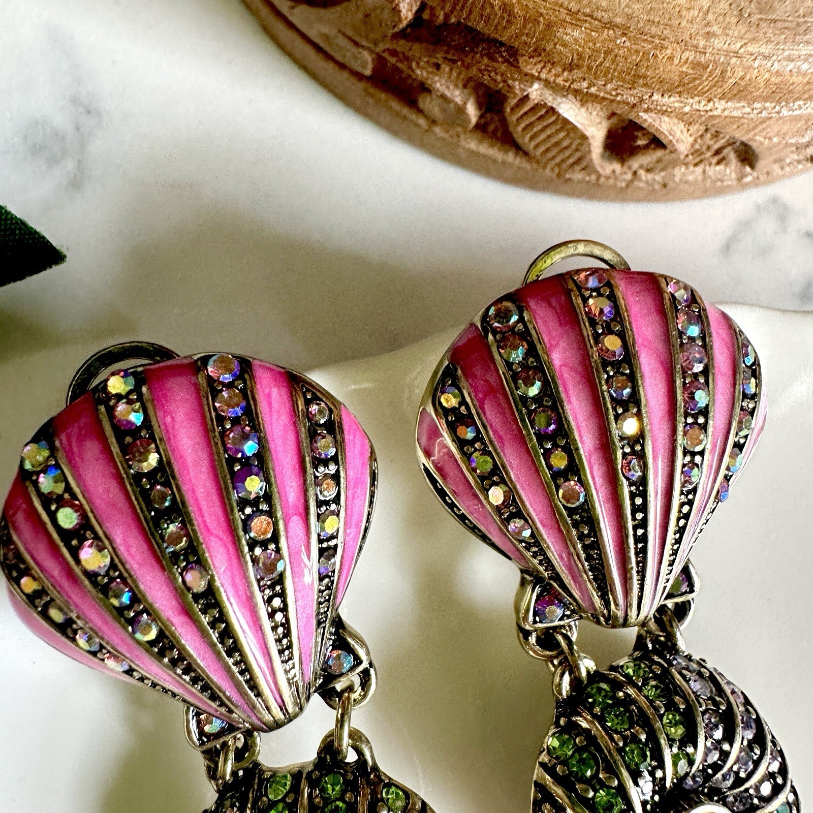 Pink Gold Rhinestone Conch Shell Earrings Mermaid Ocean Beach Gift Jewelry NEW