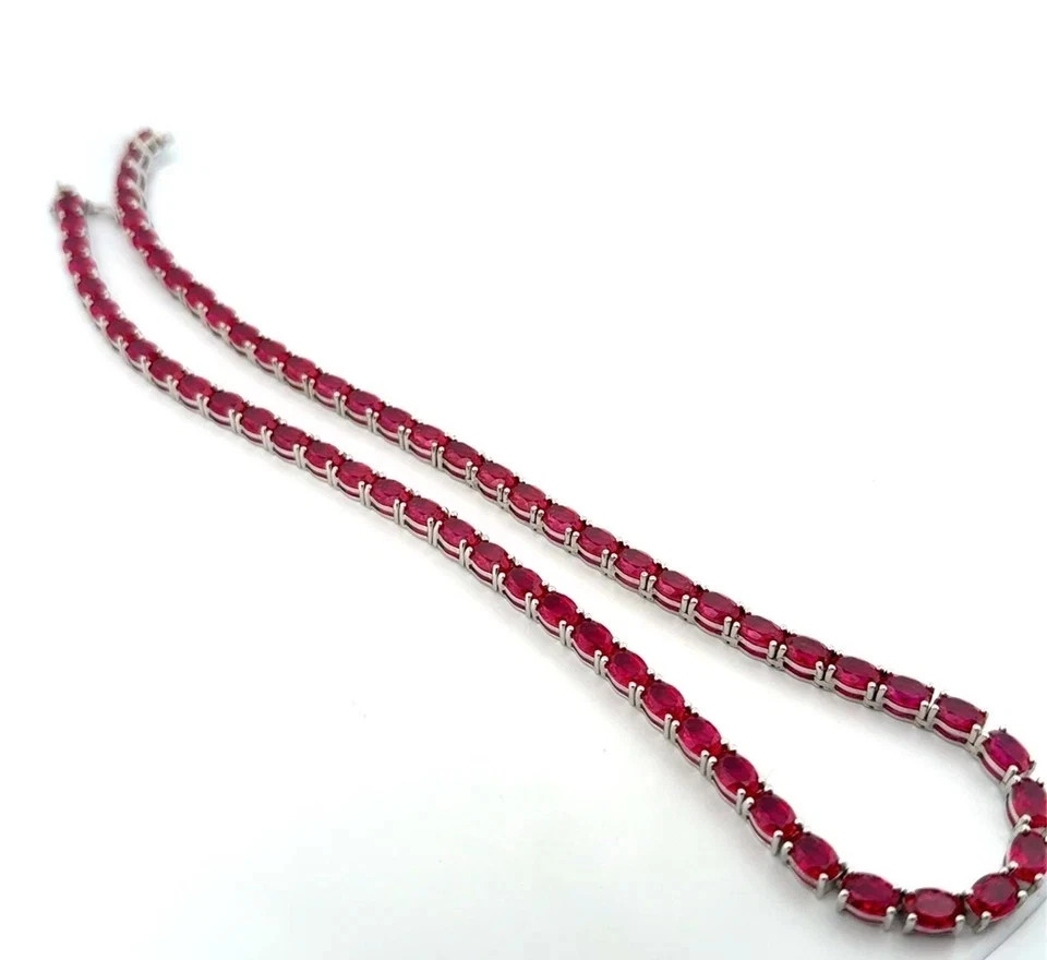 20TCW Oval Cut Lab Created Pink Ruby Tennis Necklace 14k White Gold Plated